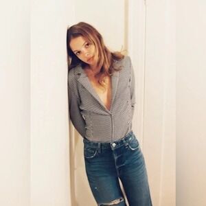 ZARA M‎ Black & White Houndstooth Knit Bodysuit V-Neck Long Sleeve Career Top